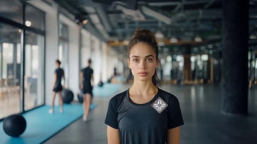 Athletic person wearing a black t-shirt with a geometric logo design.