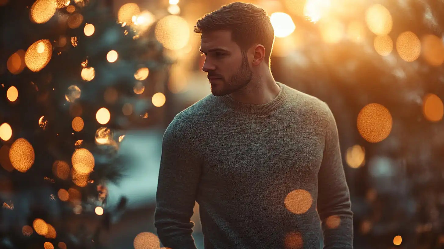 Bearded man wearing a gray sweater in warm bokeh lighting.