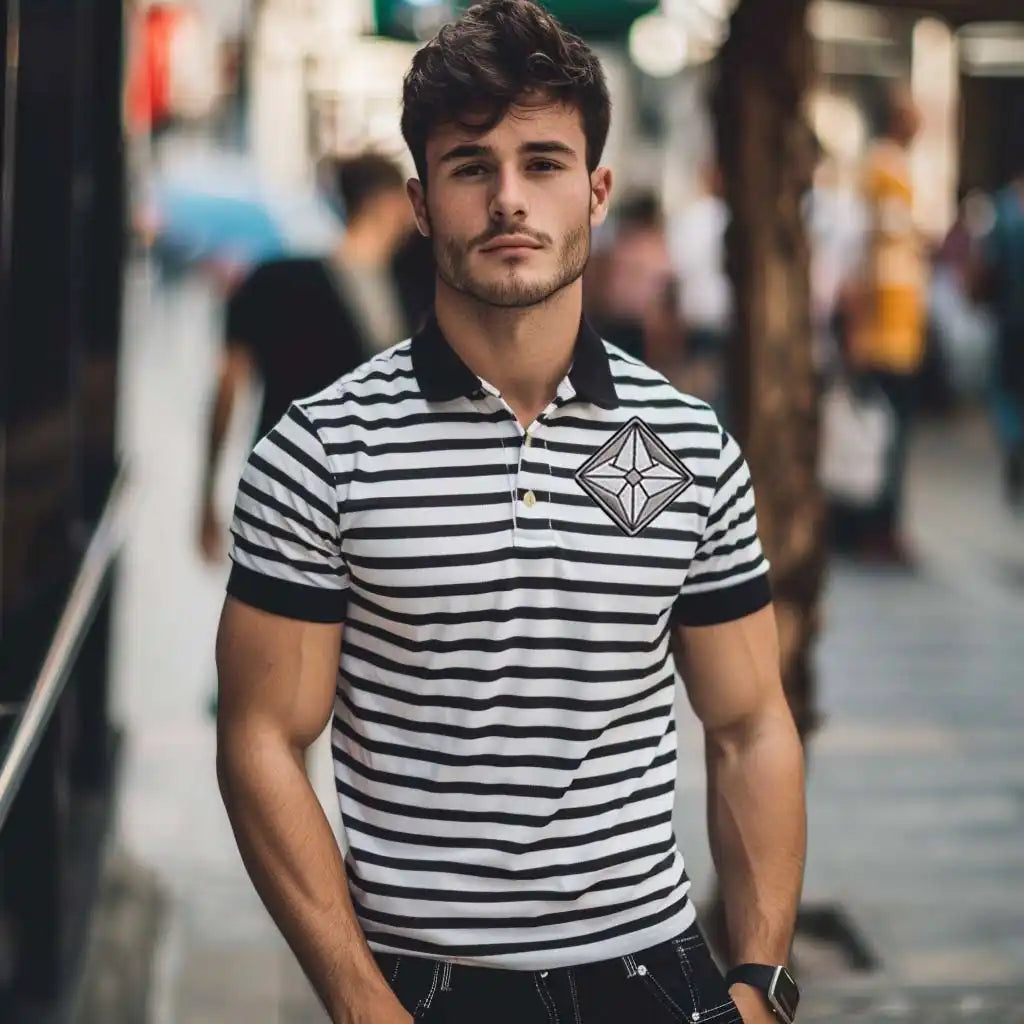 Black and white striped polo shirt with a geometric logo design.