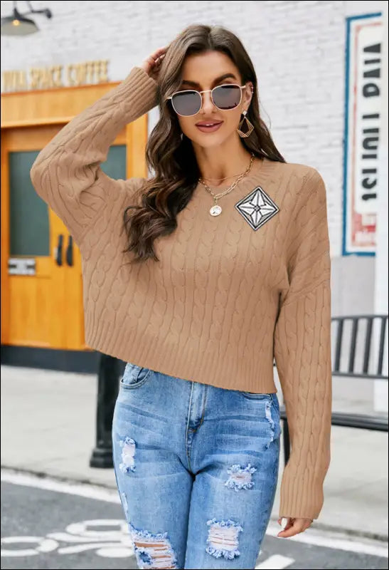 Cable-Knit Drop Shoulder Round Neck Sweater e92 | Emf