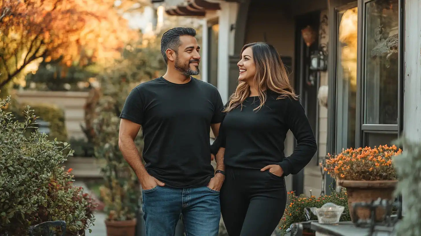 A couple wearing black tops and jeans smiling at each other.