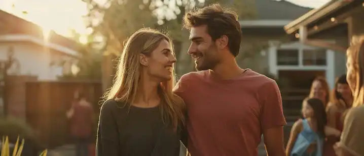 A couple sharing a joyful moment while walking together at sunset.