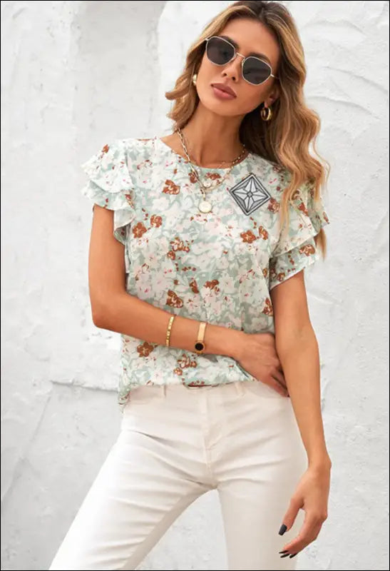 Floral Chiffon Shirt Summer Plant Floral Print Sweet round Neck