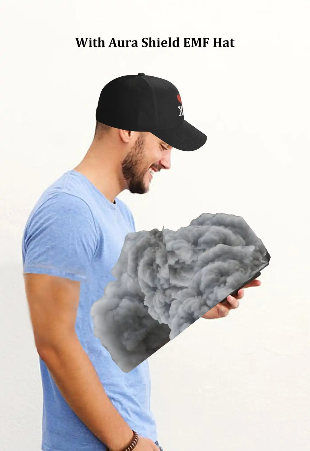 A gray, brain-shaped object being held in front of a blue shirt.