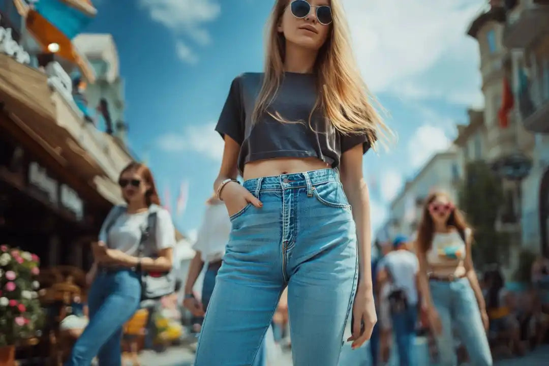 High-waisted light blue jeans paired with a cropped gray t-shirt.