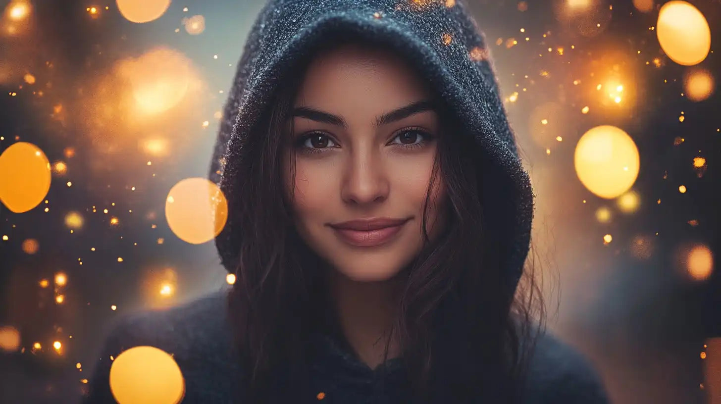 A hooded figure with a gentle smile amid glowing golden bokeh lights.