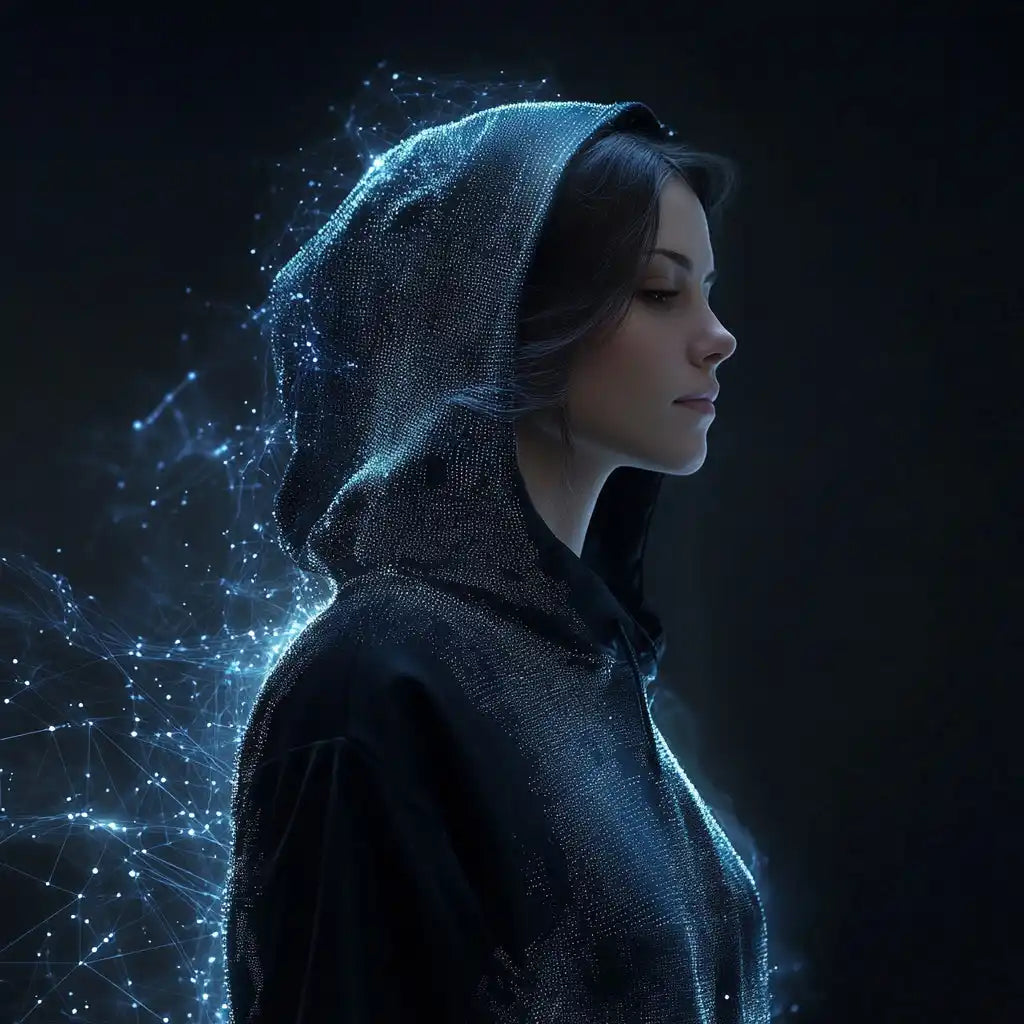 A hooded figure illuminated by ethereal blue particles and light.