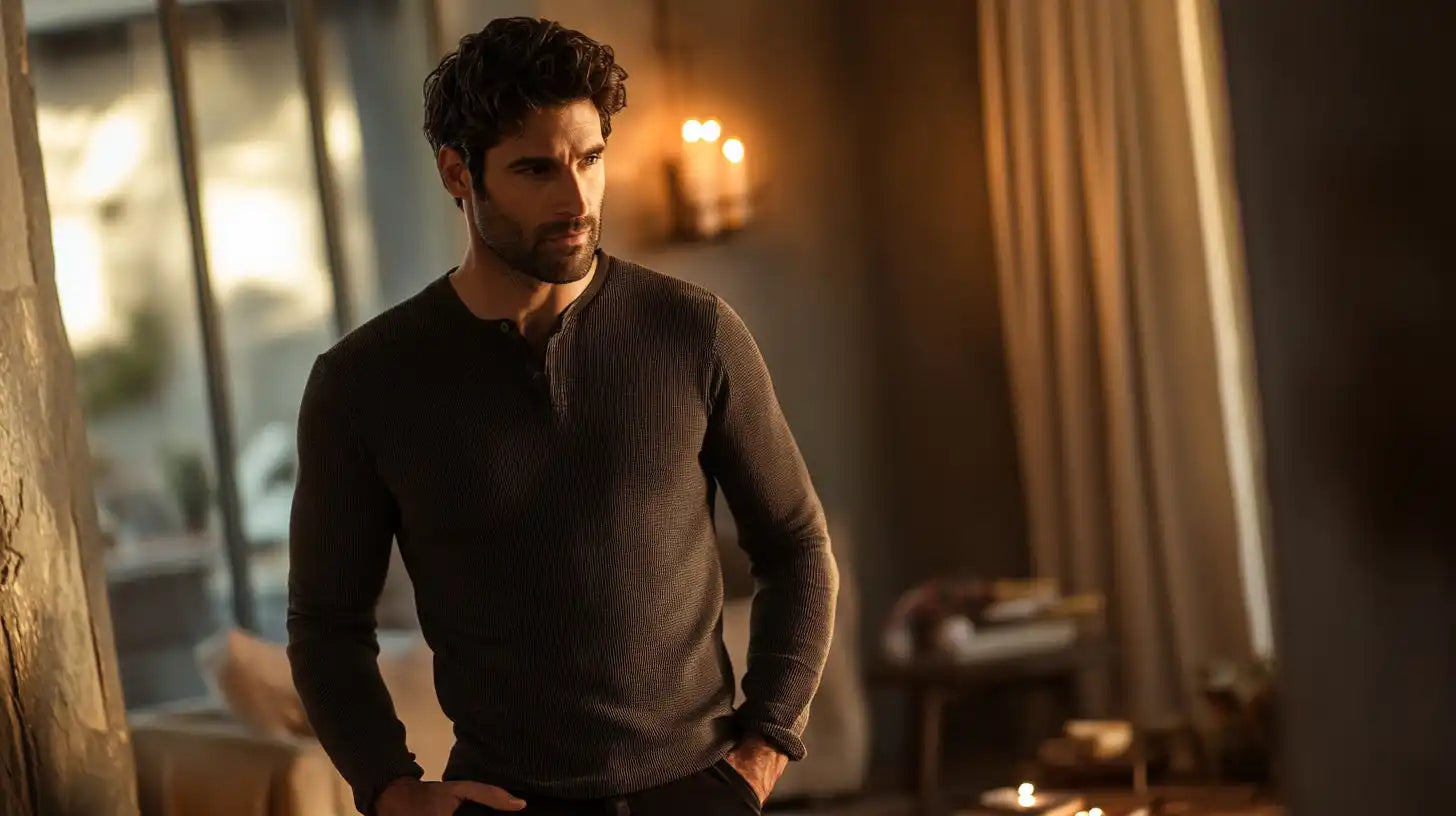 A man wearing a dark henley sweater.