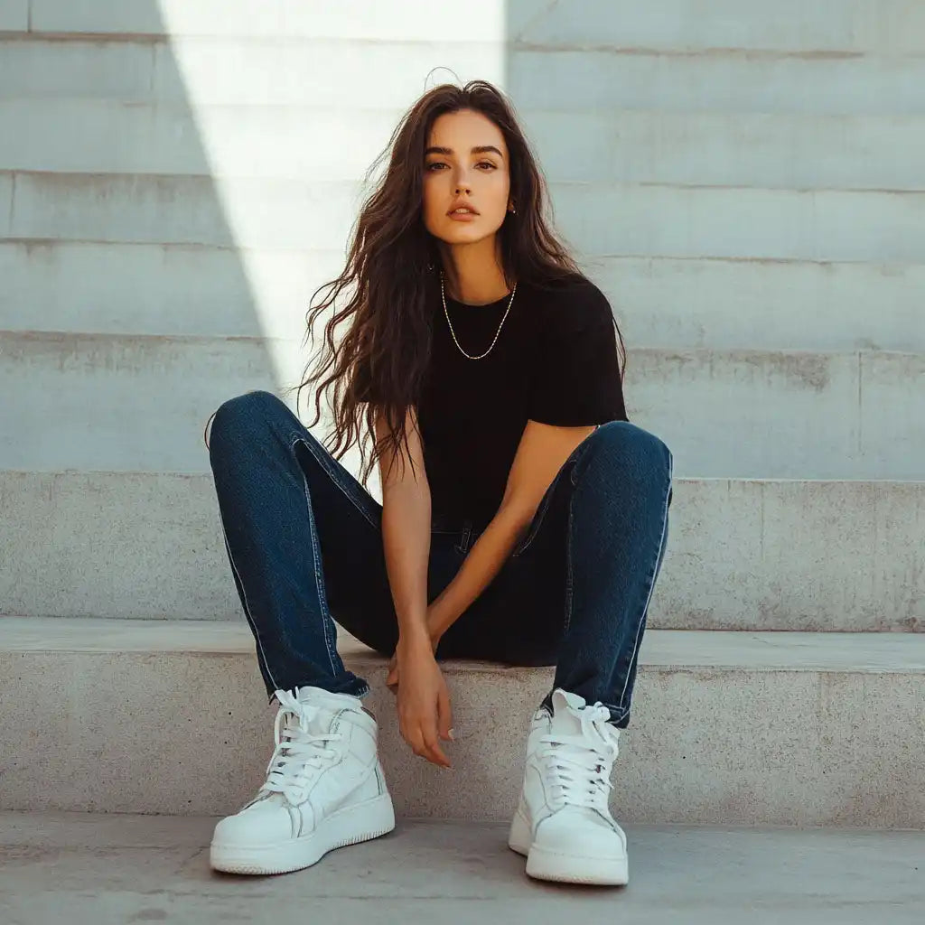 A person in a black t-shirt, blue jeans and white sneakers sitting on concrete steps.