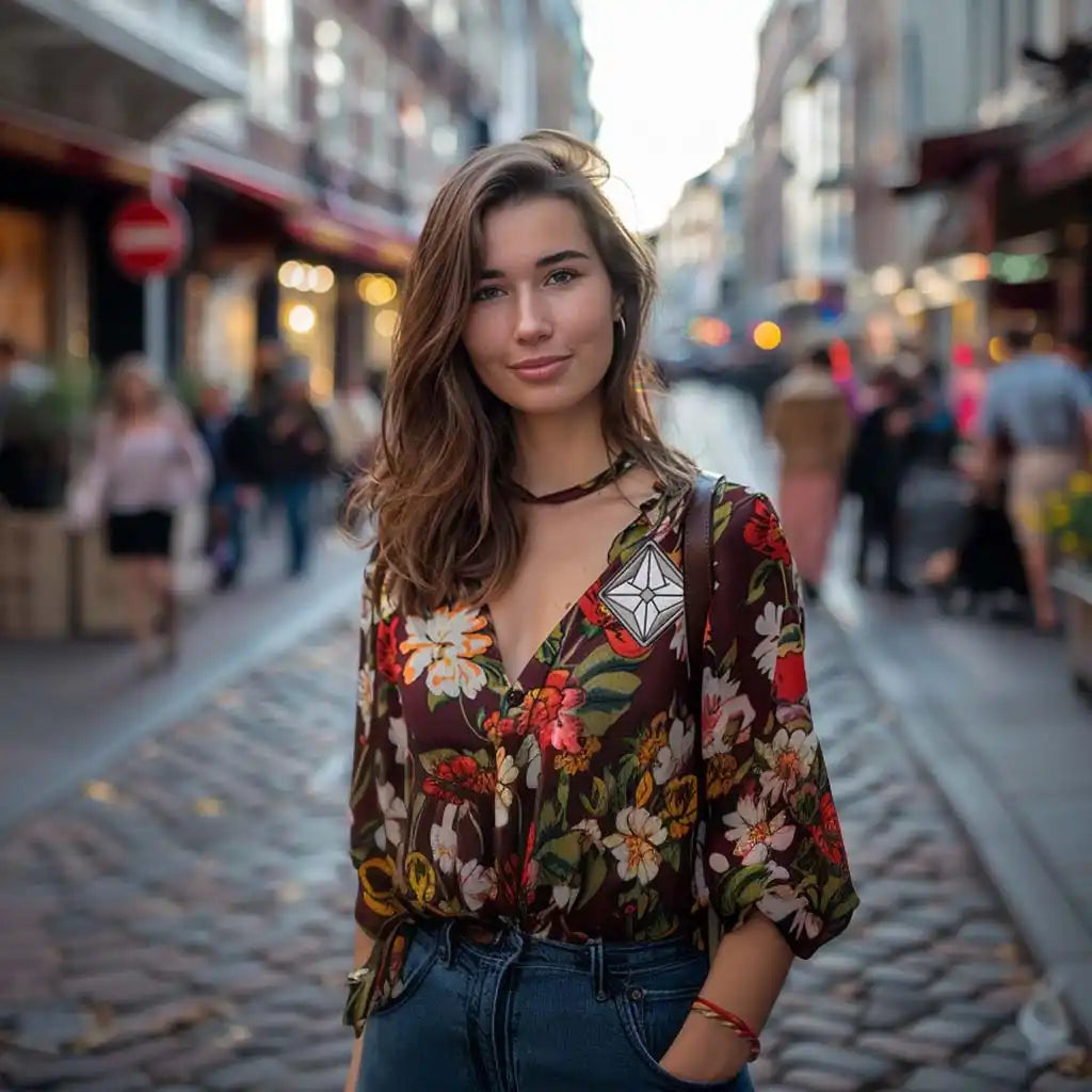 A person wearing a floral blouse and jeans on a cobblestone street.