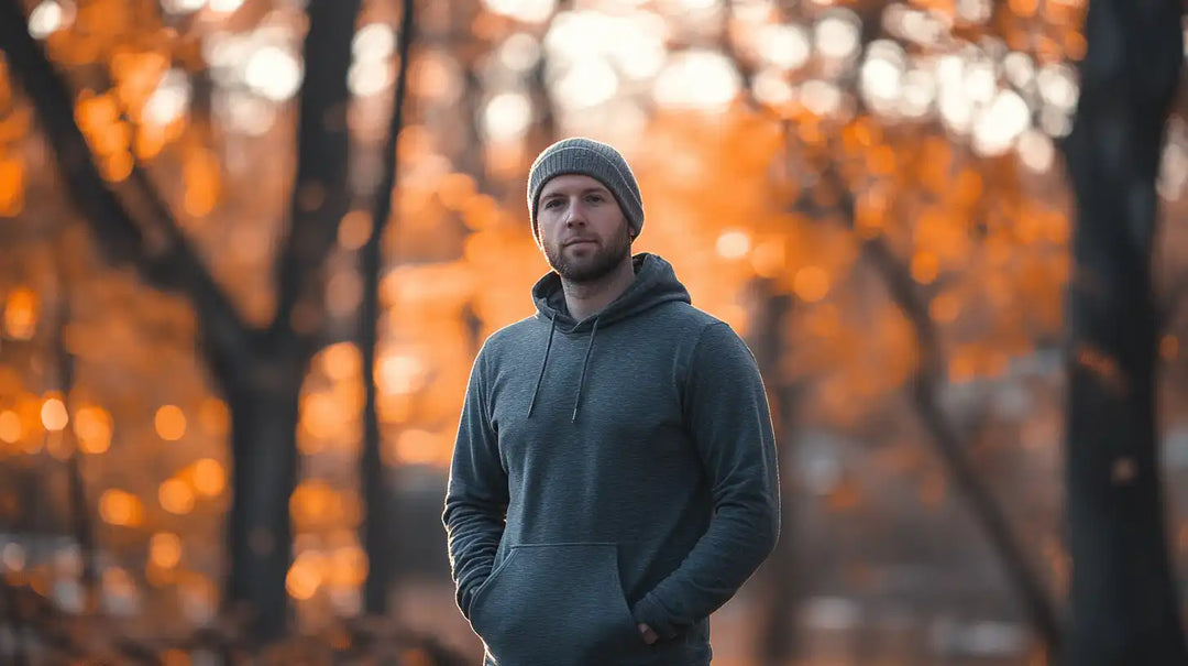 Person wearing a gray hoodie and beanie in a casual stance.