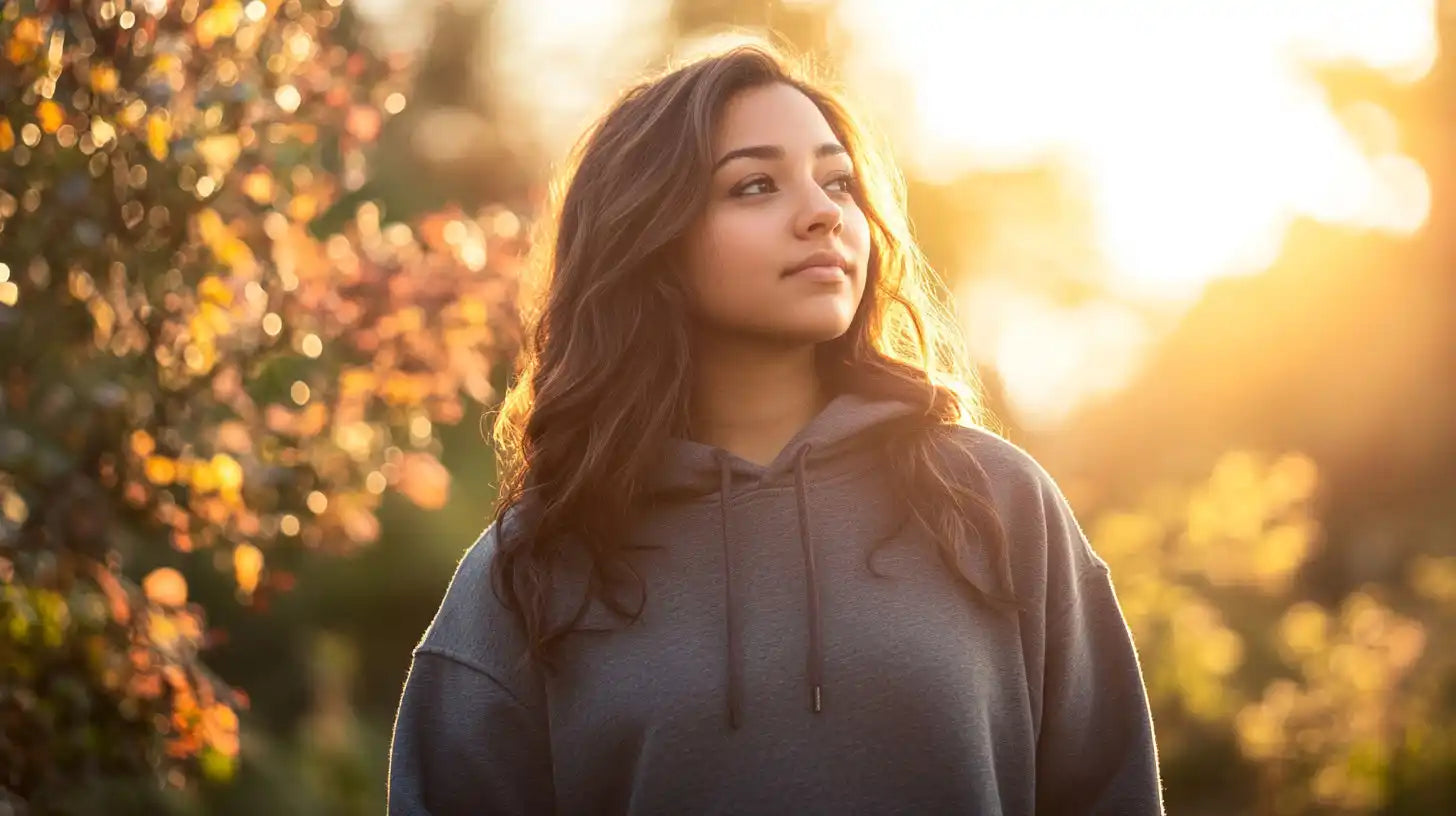 A person wearing a gray hoodie in golden sunlight.