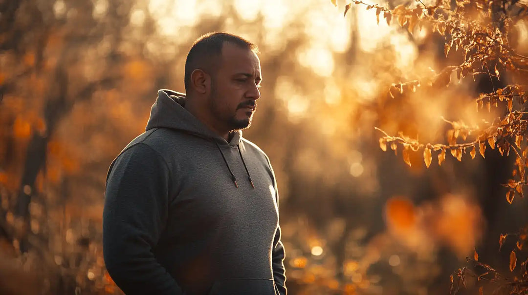 Person wearing a gray hoodie in profile view.