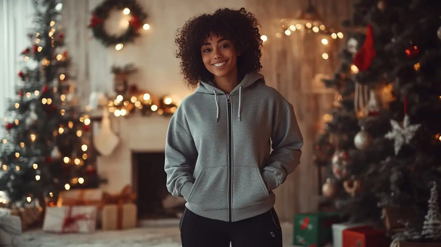 A person wearing a gray zip-up hoodie with curly hair and a warm smile.