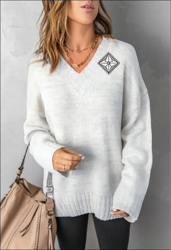 Ribbed Trim V-Neck Drop Shoulder Sweater e78.0 | Emf