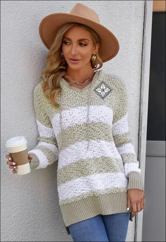 Striped Popcorn Knit Hooded Sweater e79.0 | Emf - Small