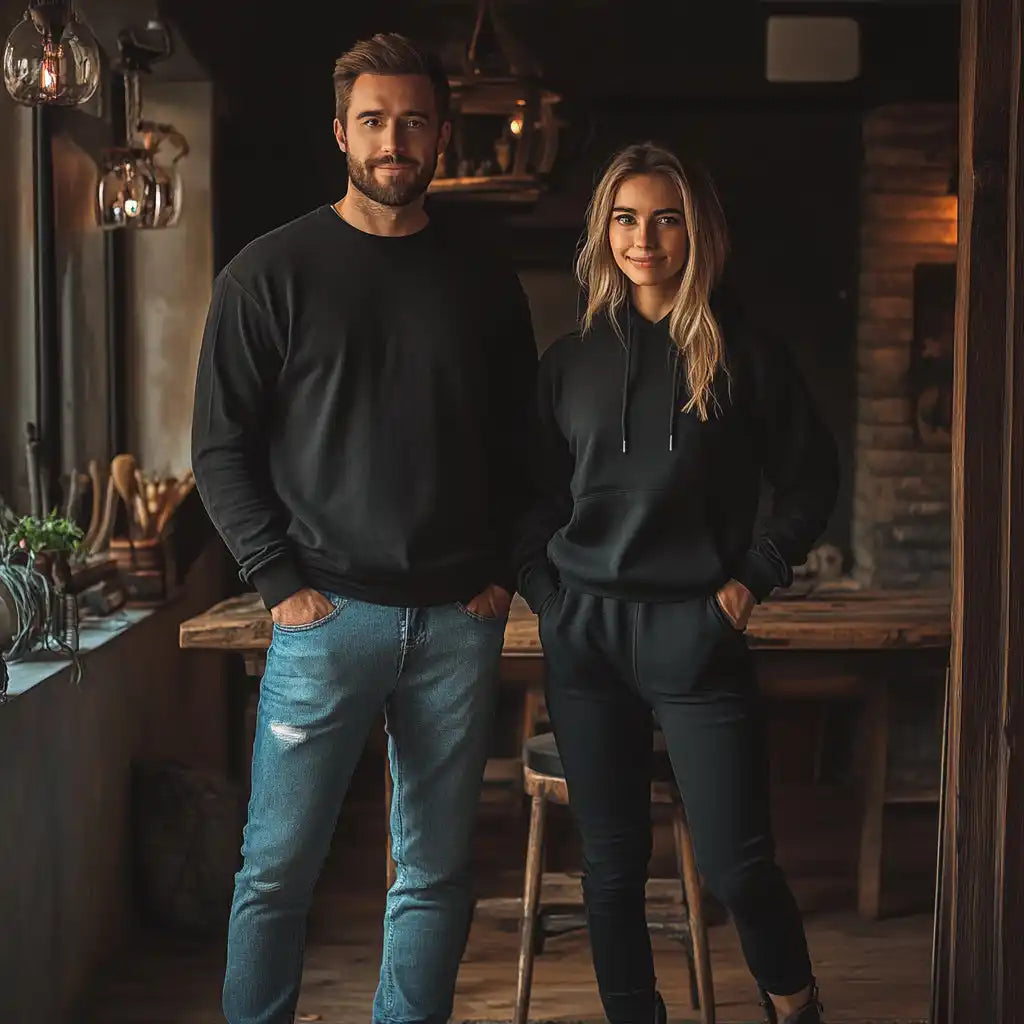 Two people wearing casual clothing standing together, with one in a black sweater and jeans, the other in a black hoodie and sweatpants.