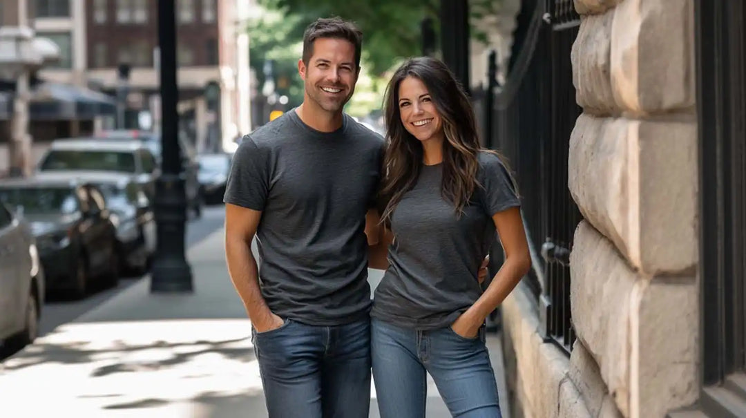 Two people wearing matching gray t-shirts and blue jeans standing together on a sidewalk.