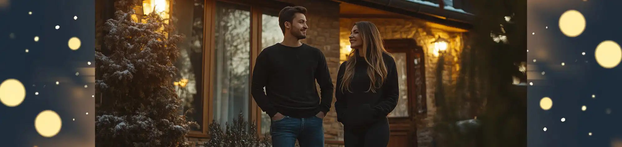 Two people standing together outside a house at night.