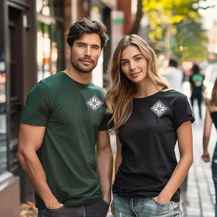 Two t-shirts featuring matching geometric star emblems in green and black colors.