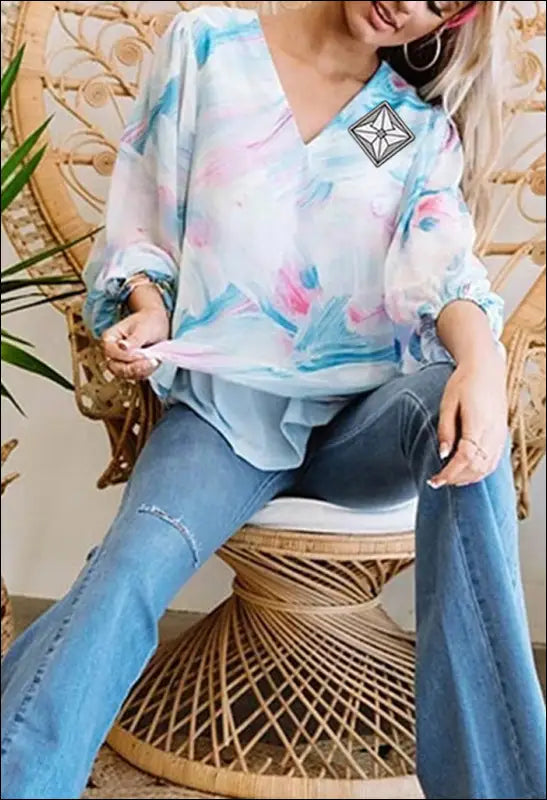 V Neck Lantern Sleeve Blouse e55.0 | Emf - Small / Blue