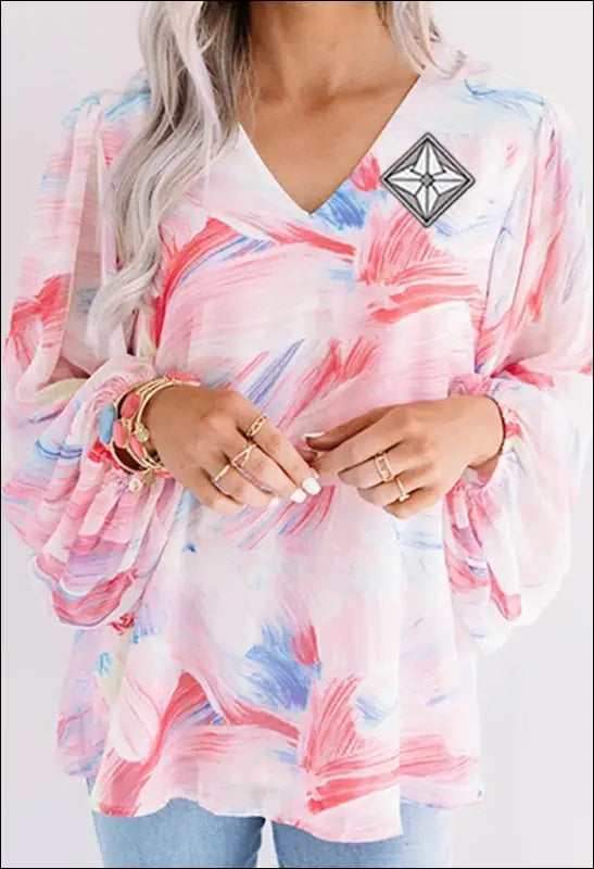 V Neck Lantern Sleeve Blouse e55.0 | Emf - Small / Pink