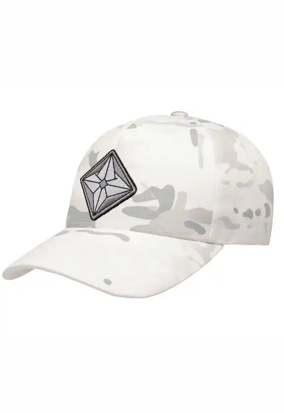 White camouflage baseball cap with a geometric patch logo.